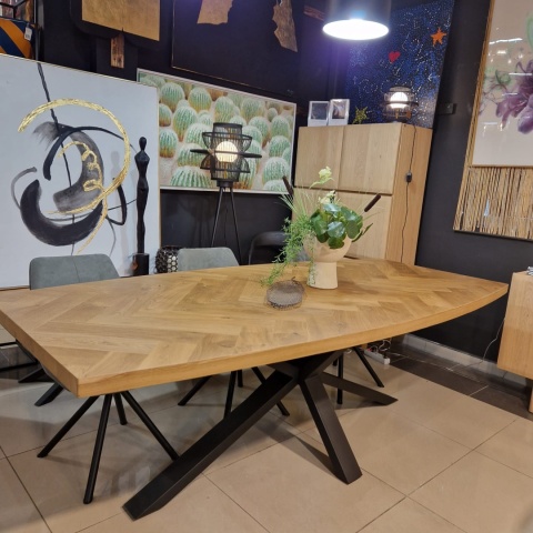 [R, od ręki] Owalny Stół Jadalniany METALUXE 240 x 110 cm – Blat z Forniru Dębowego we Wzór Jodełki – Noga Centralna
