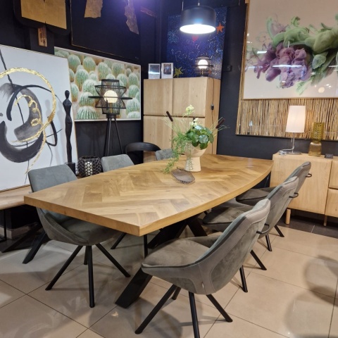 [R, od ręki] Owalny Stół Jadalniany METALUXE 240 x 110 cm – Blat z Forniru Dębowego we Wzór Jodełki – Noga Centralna