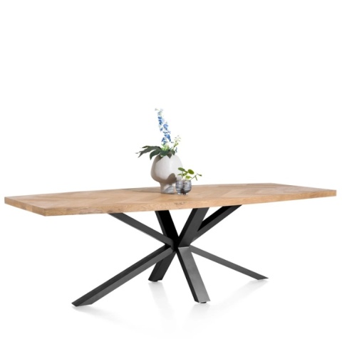 [R, od ręki] Owalny Stół Jadalniany METALUXE 240 x 110 cm – Blat z Forniru Dębowego we Wzór Jodełki – Noga Centralna