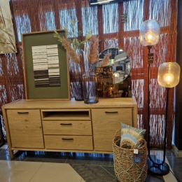 Elegancka Komoda / Sideboard NYSTEAD 180 cm – Fornir Dębowy Dune Natural, Oświetlenie LED, Lakier Platynowy, Soft-Closing