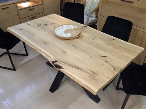 Stół Dębowy Jadalniany z Litego Dębu 160 x 88 cm – Blat Live Edge 40 mm – Czarna Stalowa Podstawa Pająk