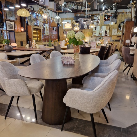 [od ręki] Stół do jadalni TRENTON 240x110 cm, fornir dębowy, kolor Clay, organiczny kształt