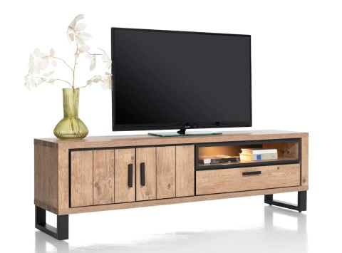 Szafka RTV / Lowboard 180 cm PAVAROTTI – Barnwood HPL & Czarny Metal z Podświetleniem LED – Henders & Hazel