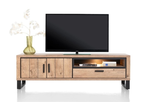 Szafka RTV / Lowboard 180 cm PAVAROTTI – Barnwood HPL & Czarny Metal z Podświetleniem LED – Henders & Hazel