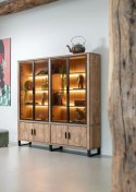 [od ręki] Kredens / Witryna PAVAROTTI 210 cm - Barnwood & Primo Laminato (HPL) - Zintegrowane Oświetlenie LED - Metalowe Detale