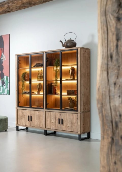 [od ręki] Kredens / Witryna PAVAROTTI 210 cm - Barnwood & Primo Laminato (HPL) - Zintegrowane Oświetlenie LED - Metalowe Detale