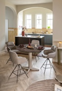 Stół barowy / hokerowy okrągły HENDERS & HAZEL CALETTA 120 cm – Primo Laminato (HPL) Marble Brown, kremowa metalowa noga