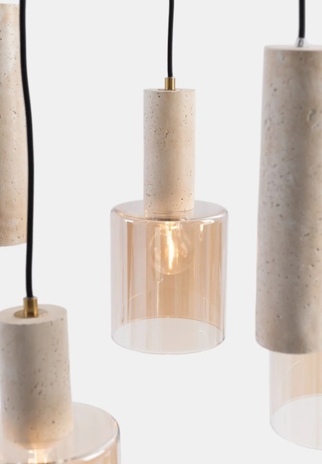 Lampa wisząca COCOMAISON PIMMY – szklane klosze, trawertyn (szerokość 100 cm)