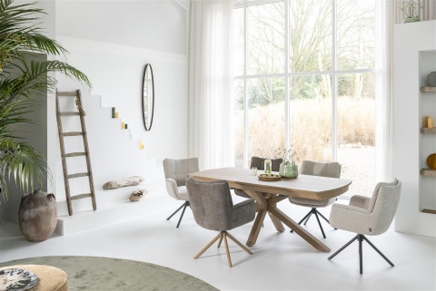[na zamówienie] Krzesło do jadalni z podłokietnikami JUNA H&H – funkcja relax, noga lity dąb, obrót 360° , tkanina Livigno