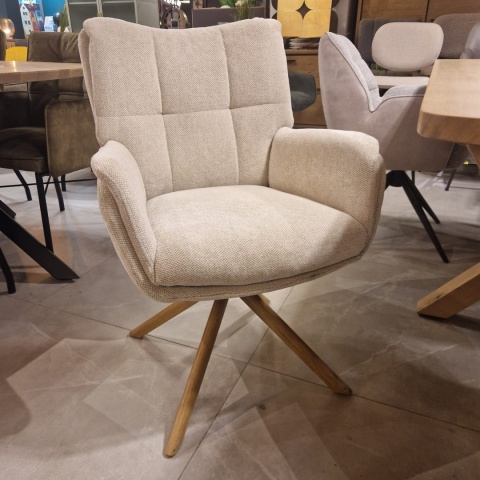 [na zamówienie] Krzesło do jadalni z podłokietnikami JUNA H&H – funkcja relax, noga lity dąb, obrót 360° , tkanina Livigno