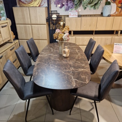 [od ręki] Owalny stół jadalniany Caletta 210 x 100 cm - Marble Brown HPL, nogi Trenton