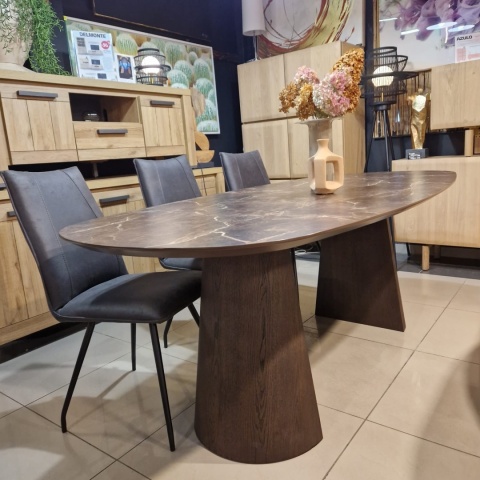 [od ręki] Owalny stół jadalniany Caletta 210 x 100 cm - Marble Brown HPL, nogi Trenton